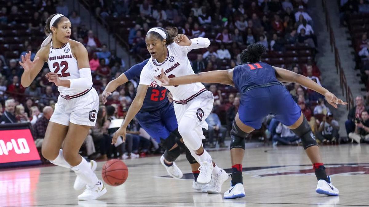 South Carolina’s Kaela Davis (3) and A'ja Wilson (22)