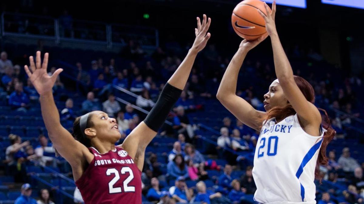 Kentucky Wildcats' Dorie Harrison (20) looked for a basket as UK hosted South Carolina in Rupp Arena on Sunday in Lexington, Ky.