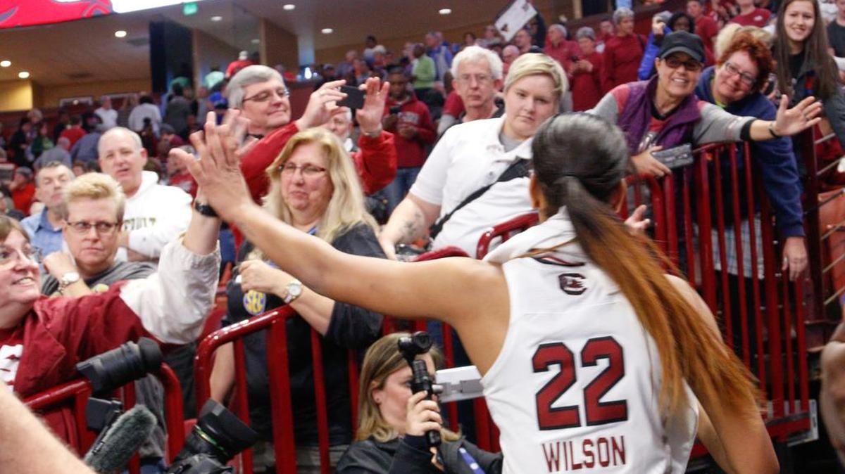 South Carolina's A'ja Wilson greets fans after the Gamecocks played Georgia during the SEC Tournament at Bon Secours Wellness Arena in Greenville. 3/3/17