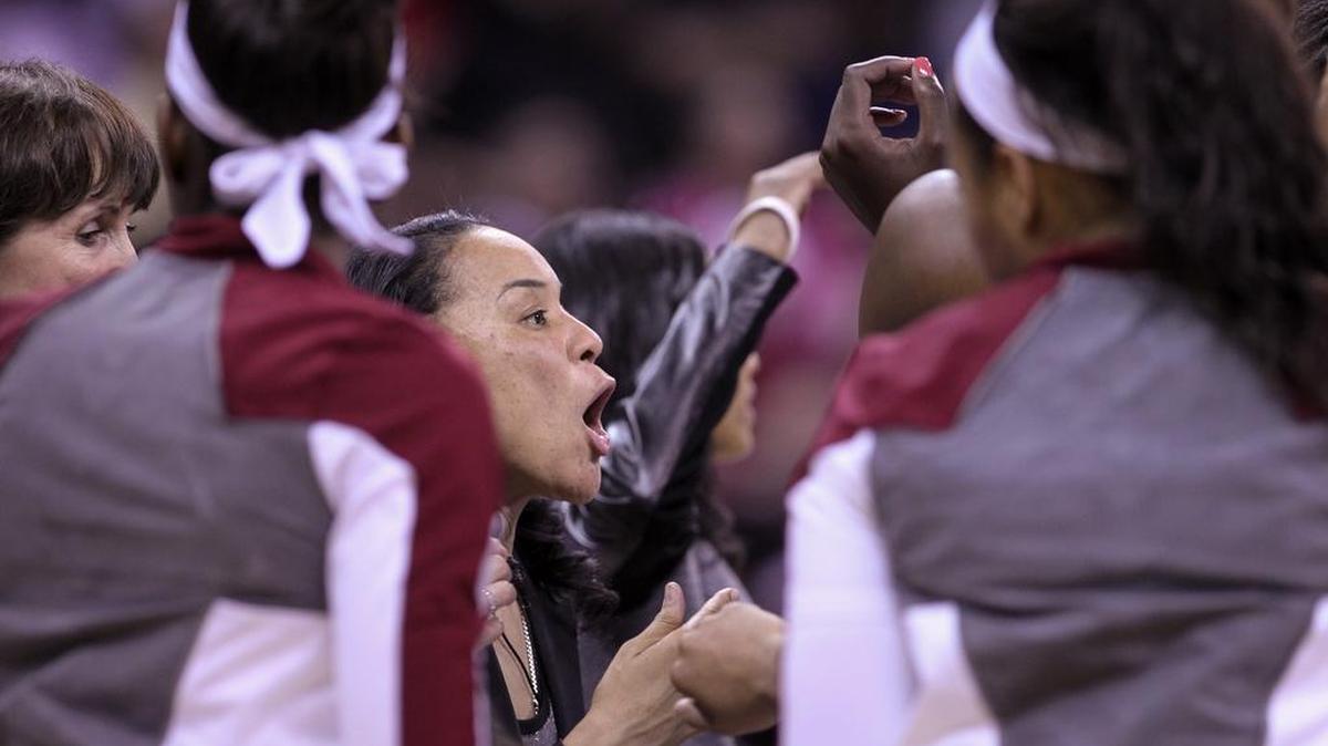 Choach Dawn Staley talks to the team during a time out during the second half of action in the first weekend of last year’s NCAA Tournament at Colonial Life Arena