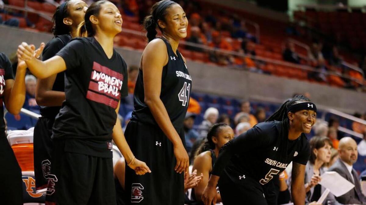 South Carolina’s Alaina Coates, center, had her ninth double-double of the season Thursday at Auburn. Coates scored 17 points and had 10 rebounds.