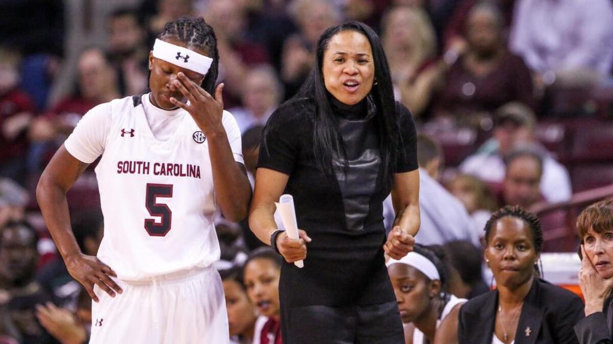 Coach Dawn Staley and South Carolina's Khadijah Sessions