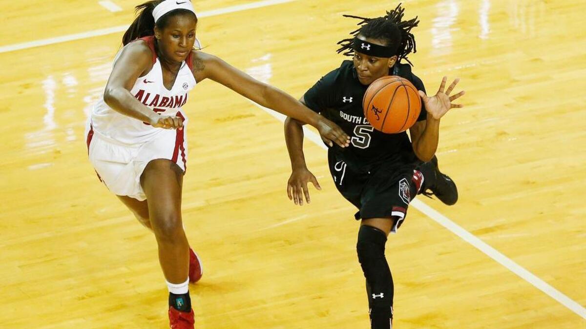 South Carolina guard Khadijah Sessions drives the ball to the basket against Alabama guard Breanna Hayden on Monday night.