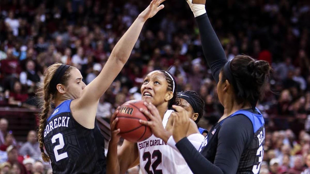 South Carolina's A'ja Wilson (22) during the first half of action in the Colonial Life Arena.