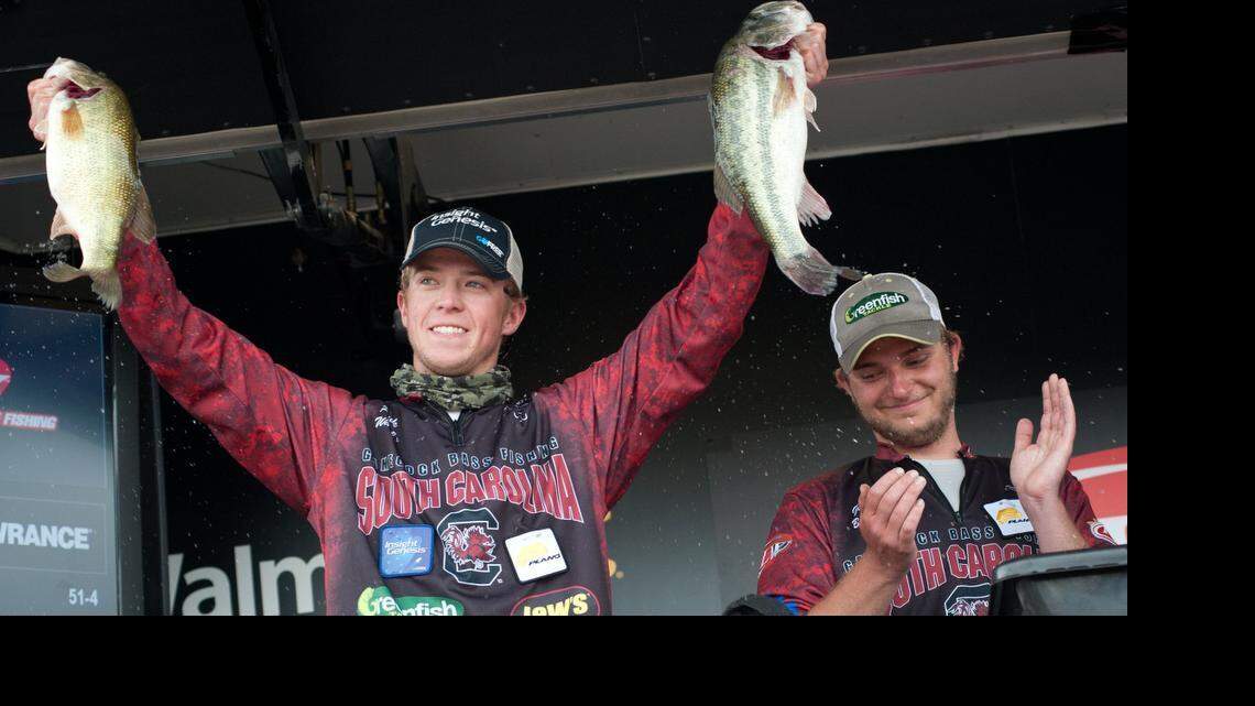 
USC's Patrick Walters (left) and Gettys Brannon (right) at the final weigh-in for the FLW College Fishing National Championships. The two won the Championships Saturday after three days of fishing on Lake Murray.
