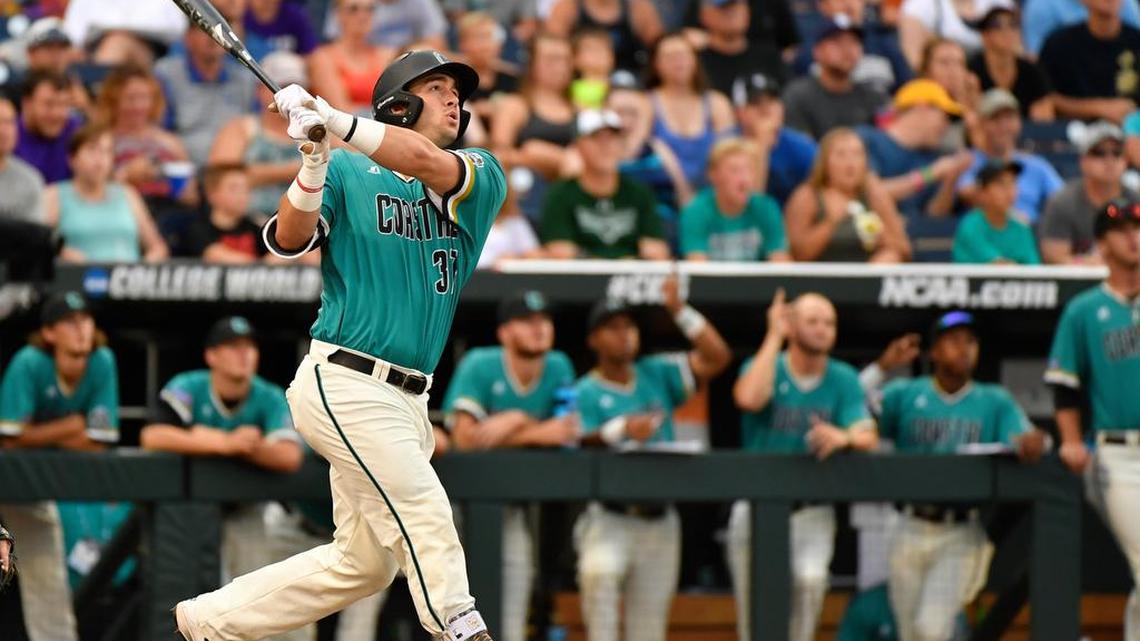 Coastal Carolina’s G.K. Young watches his two-run triple against TCU on Saturday.
