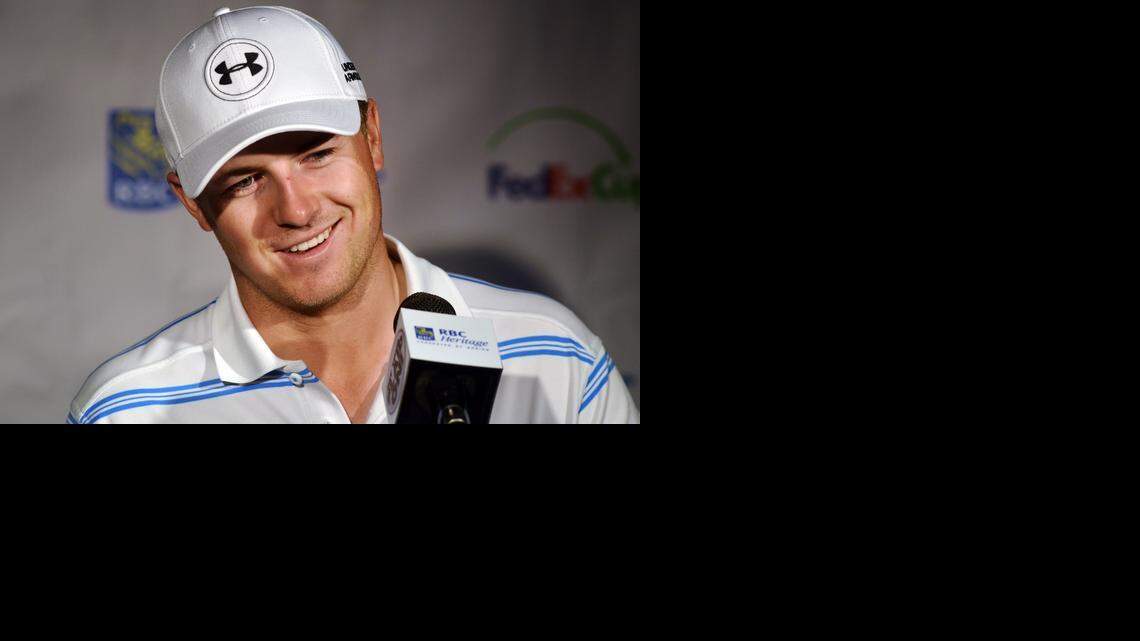 
Jordan Spieth, reacts with a smile during an interview at the media tent during the RBC Heritage Presented by Boeing on April 15, 2015, at Harbour Town Golf Links in Sea Pines on Hilton Head Island S.C.
