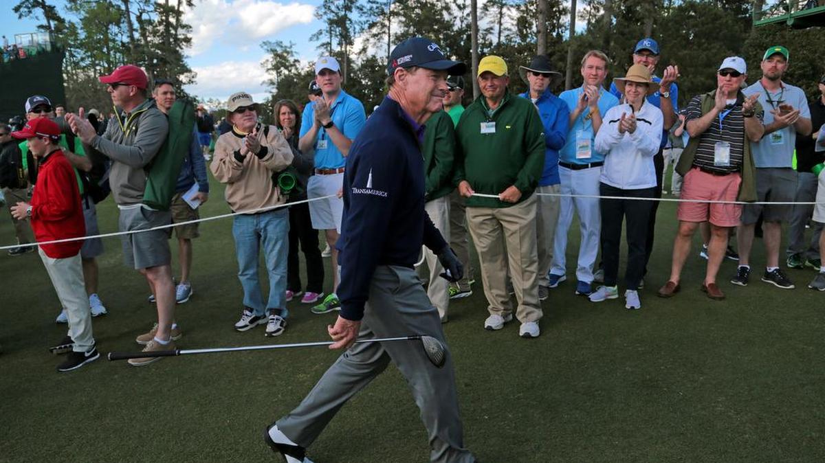 Tom Watson walks to the 18th tee box during the second round of The Masters at Augusta National Golf Club in Augusta.
