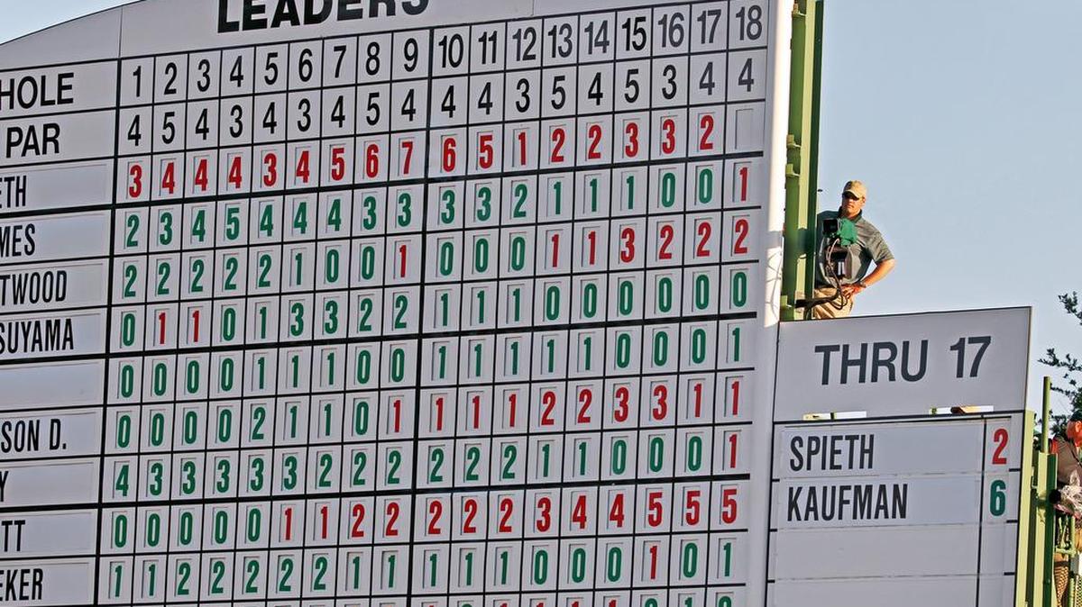 The main scoreboard on No. 18 during the final round of The Masters at Augusta National Golf Club in Augusta.