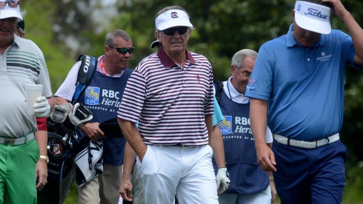 Steve Spurrier walks towards the fairway at No. 1 after teeing off on Wednesday afternoon during the Pro-Am at Harbour Town Golf Links in Sea Pines on Hilton Head Island.