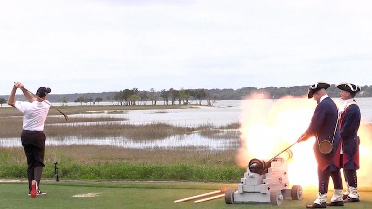 Defending champion Jim Furyk drives a ceremonial shot into Calibogue Sound during the opening ceremonies of the RBC Heritage Presented by Boeing on Monday, April 11, 2016 at the 18th hole of Harbour Town Golf Links in Sea Pines on Hilton Head Island.