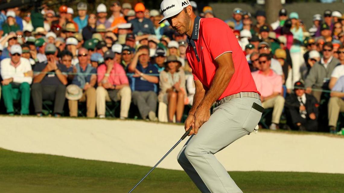 Dustin Johnson misses a putt on No. 18 during the final round of The Masters at Augusta National Golf Club in Augusta.
