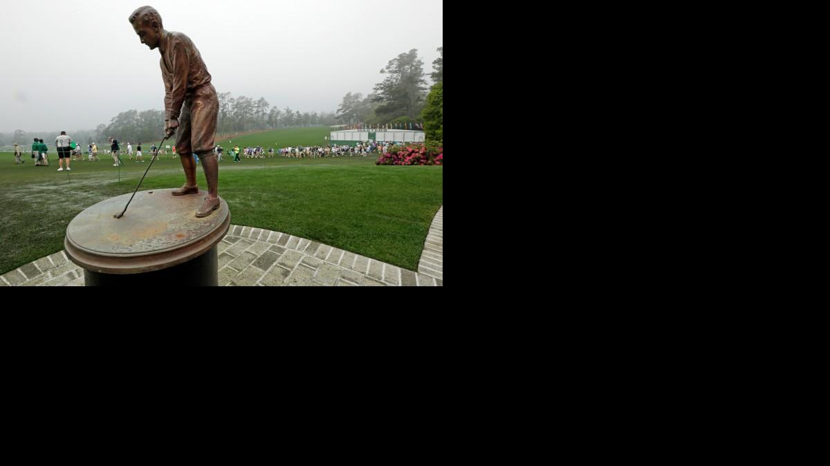 
A statue of Bobby Jones sits off the first fairway during a practice round for the Masters golf tournament Wednesday, April 8, 2015, in Augusta, Ga.
