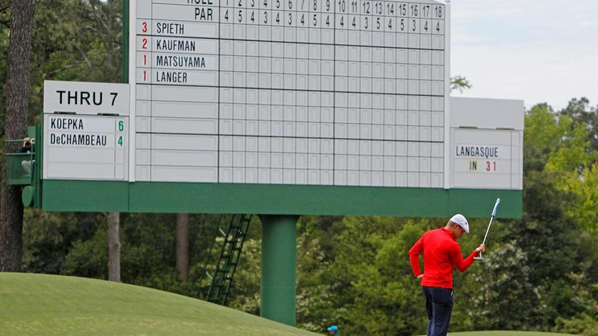 Bryson DeChambeau reacts to a putt on No. 8 during the final round of The Masters at Augusta National Golf Club in Augusta.