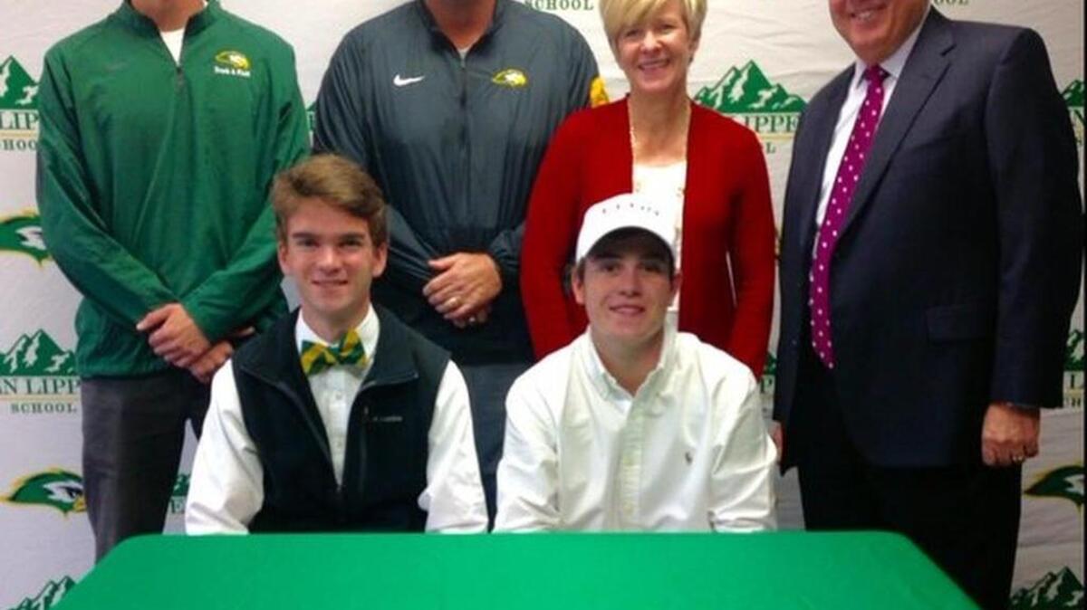 Ben Lippen’s William Harwood, front right, and David Elliott, front left, signed letters of intent with Elon and Columbia International, respectively.