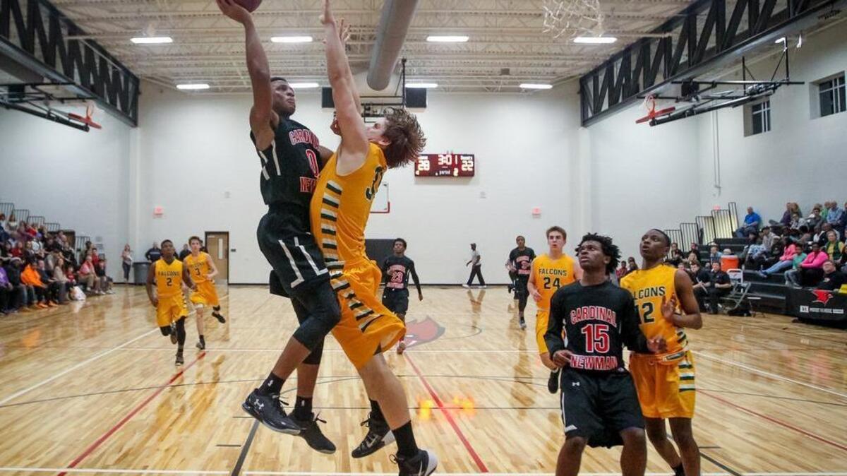 Cardinal Newman’s Brandon Martin goes over Ben Lippen’s Garrison Moore for two points Tuesday.