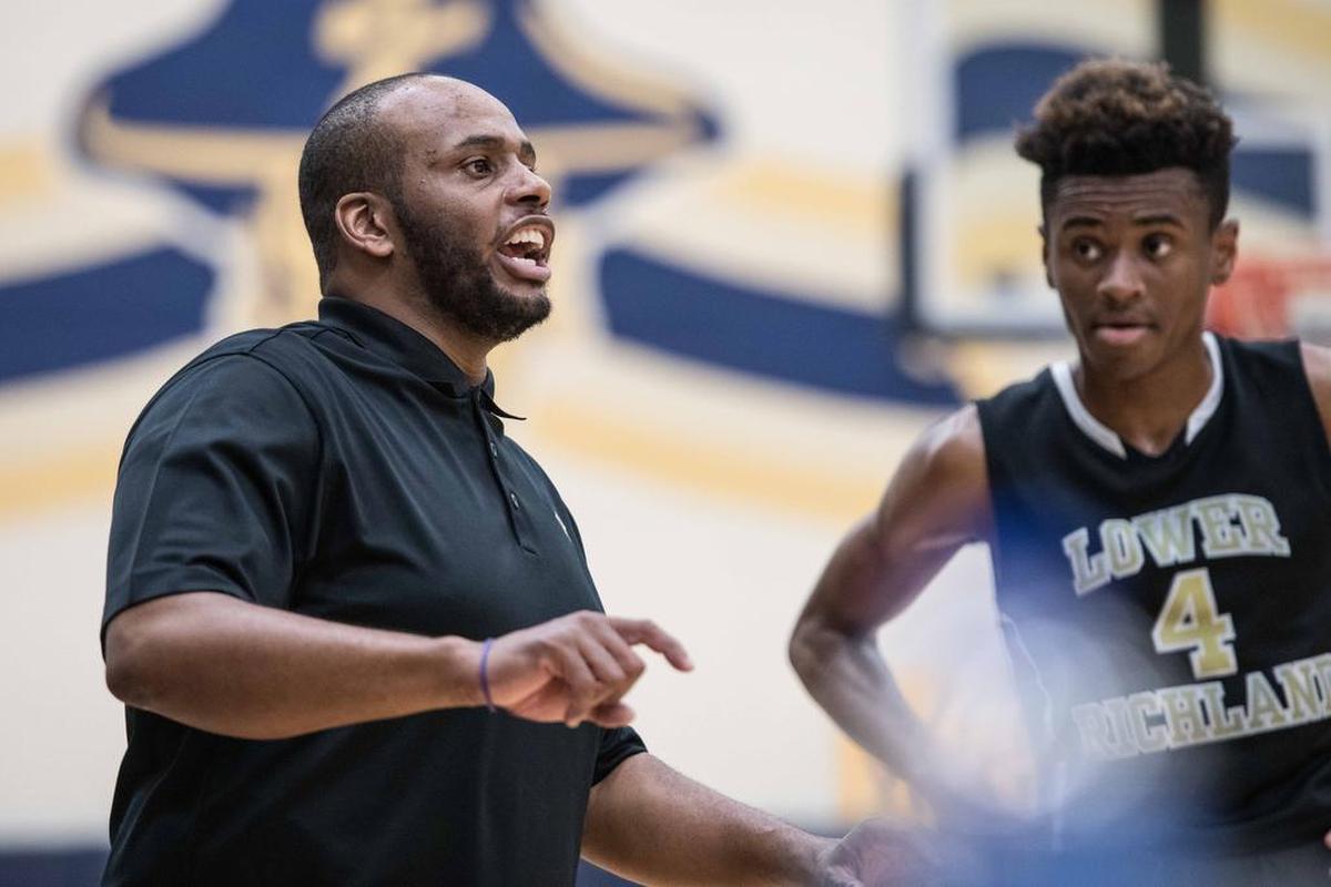 Lower Richland head coach Caleb Gaither communicates with players against Keenan in 2017. Gaither is the new head boys’ basketball coach at Northwestern.