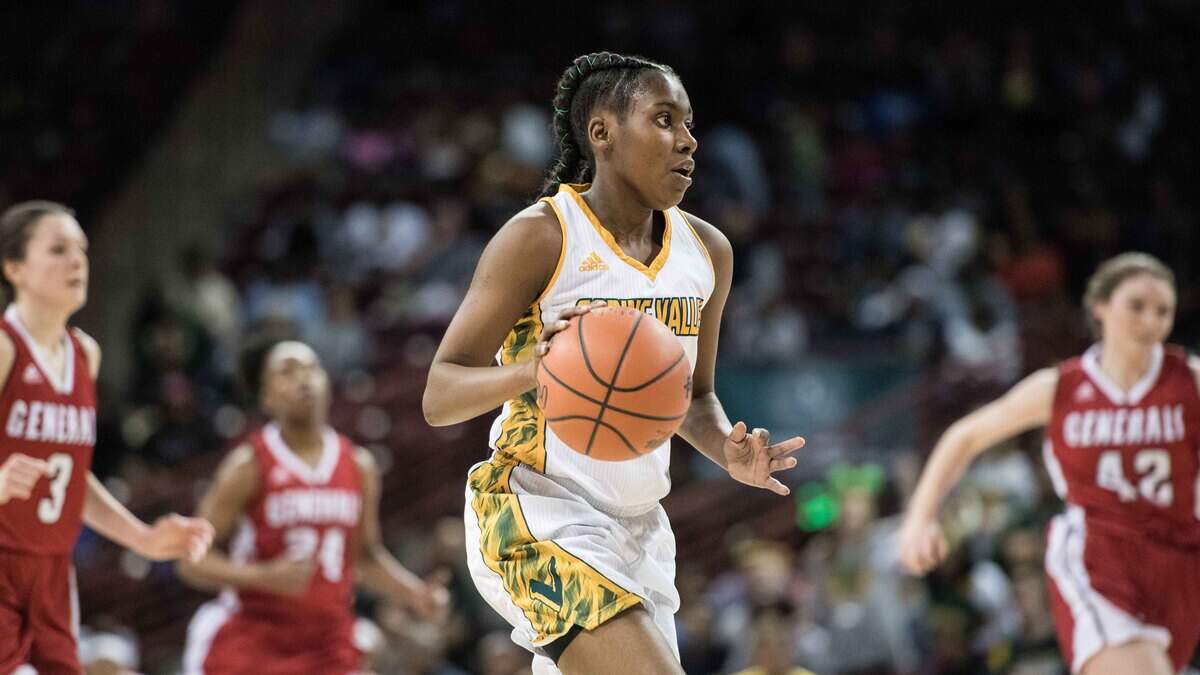 Spring Valley’s Ashley Williamson dribbles the ball against Wade Hampton during the Class 5A Girls state championship game at Colonial Life Arena on March 2.