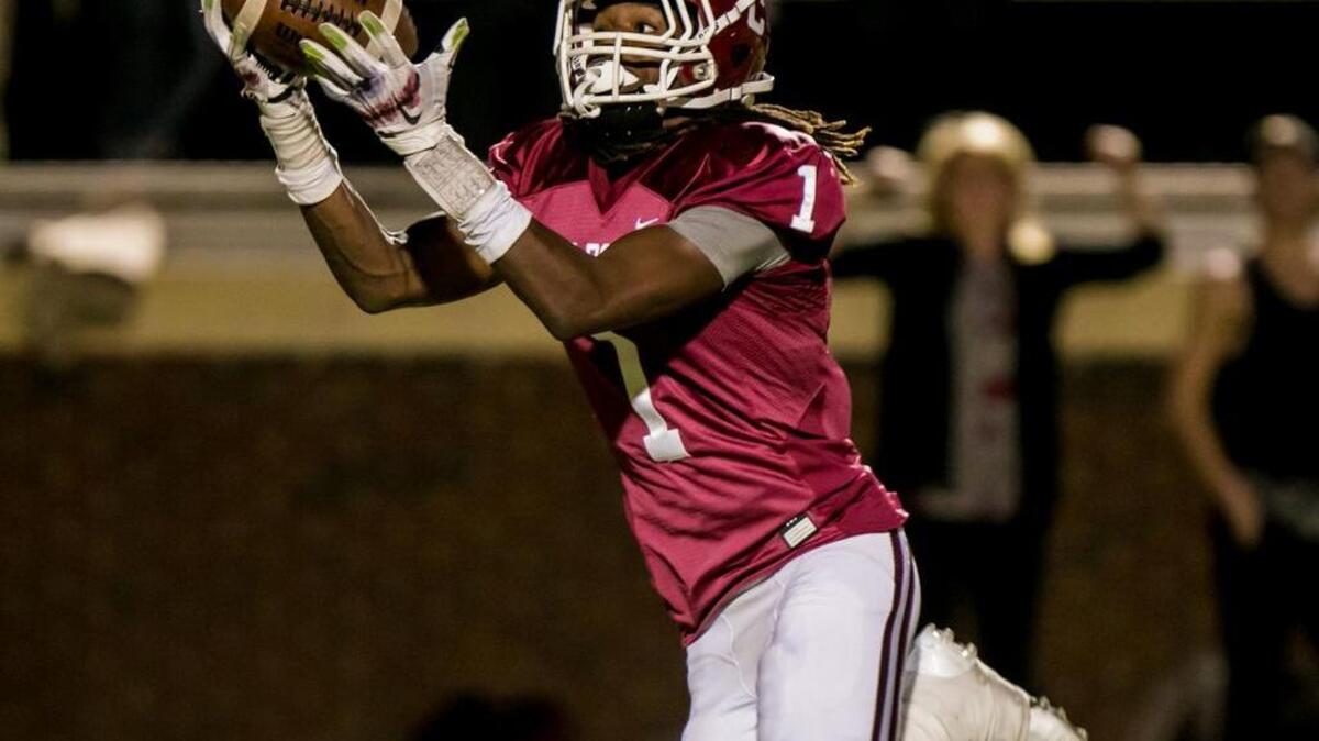 Brookland-Cayce Bearcats receiver Marquis Mccoy (1) makes a 45-yard touchdown reception during Friday’s game against Gilbert.