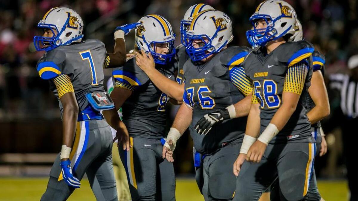 
Lexington's Christian Kinsley is congratulated after making a 46-yard field goal during the game between River Bluff High School at Lexington High School. 
