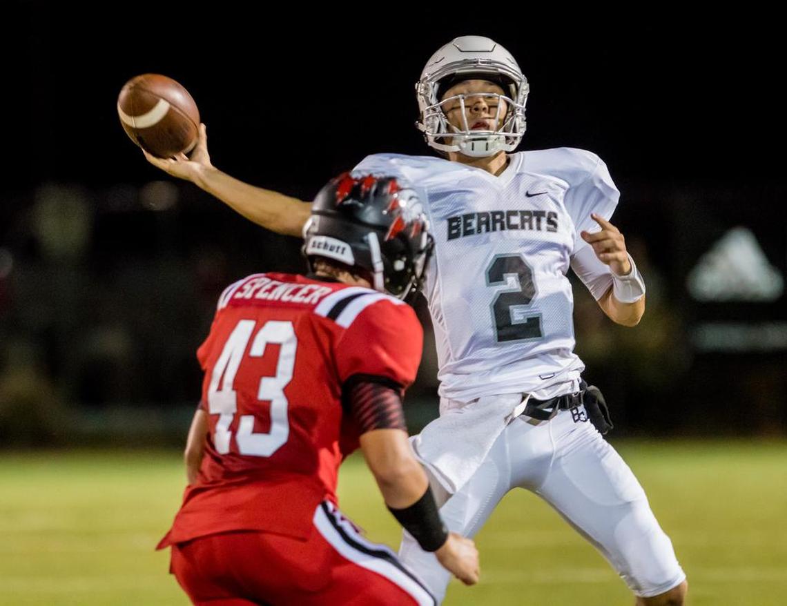 From 2017: Brookland-Cayce Bearcats quarterback Reed Charpia (2) passes under pressure.