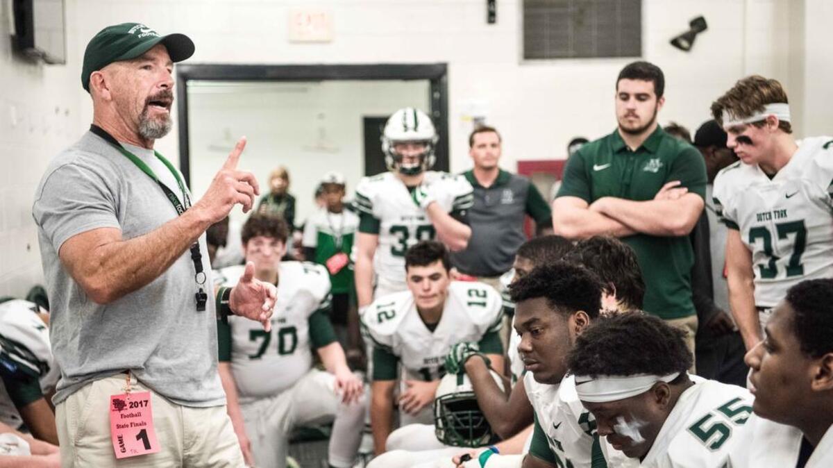 Dutch Fork coach Tom Knotts talks to his team before last year’s Class 5A title game. The Silver Foxes are No. 1 in this week’s Class 5A High School Football Prep Media poll.