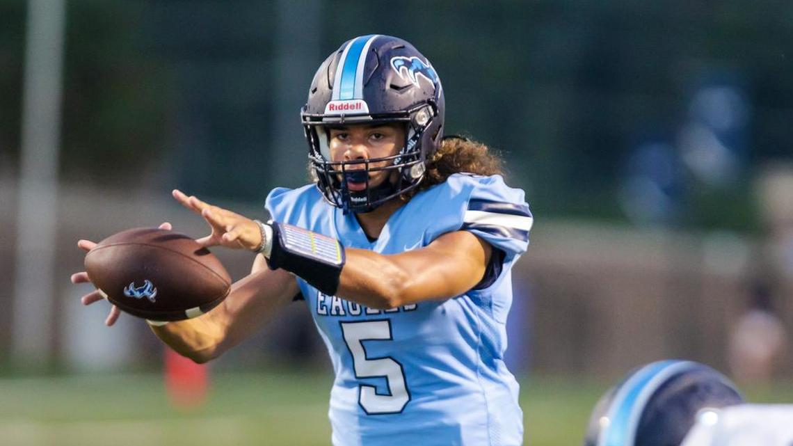 Chapin Eagles quarterback Jayden Bradford (5) takes the snap against the Brookland Cayce Bearcats.