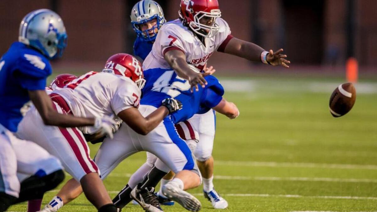 
Brookland-Cayce quarterback Kozie Brown fumbles the ball, which was recovered by Airport and returned for a touchdown during Friday’s game.

