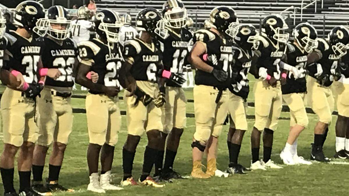 Camden players come out for pregame warmups Friday against Fairfield Central on Oct. 5, 2018.