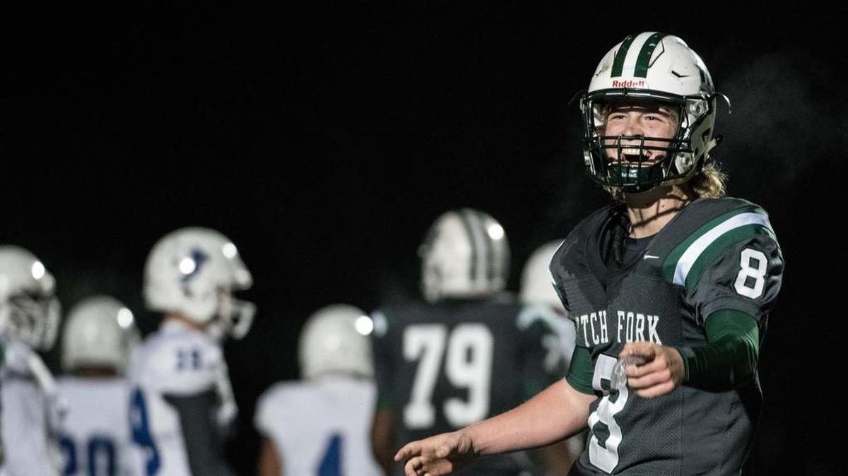 Dutch Fork quarterback Tyler Olenchuk celebrates a touchdown during a state semi final playoff game against Fort Dorchester