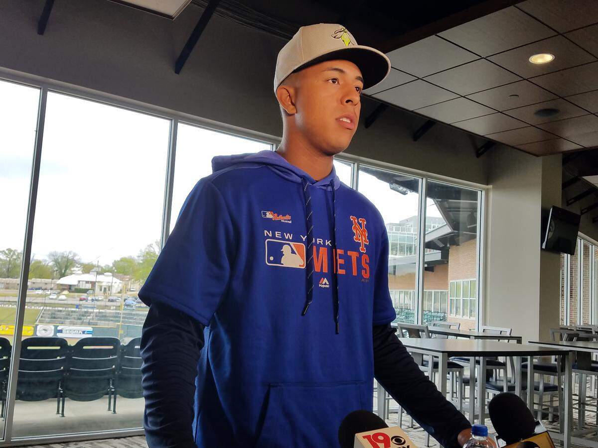Columbia Fireflies third baseman talks to members of the media April 2, 2019