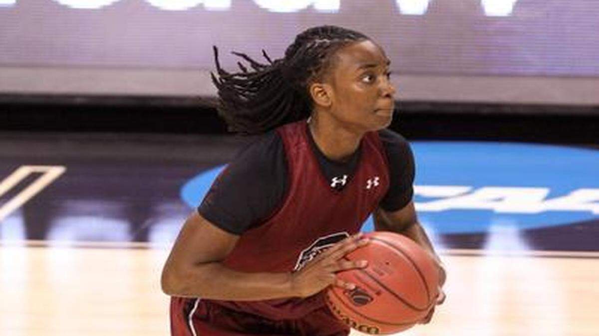
South Carolina's Khadijah Sessions runs through drills as the USC women's basketball team practices at the Greensboro Coliseum in preparation of Friday's NCAA regional against North Carolina.
