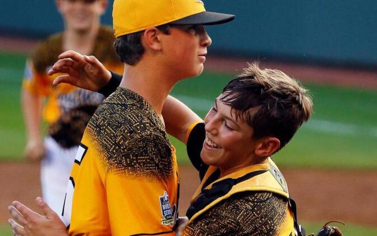 
Northwood (Taylors) pitcher Alex Edmondson, left, celebrates with catcher Braden Golinski after getting the final out of the sixth inning of a United States pool play game against Cranston, R.I., at the Little League World Series tournament in South Williamsport, Pa.
