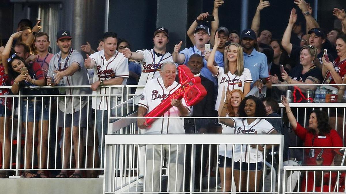 Former Atlanta Braves manager Bobby Cox starts the chop before a baseball game between the Braves and the San Diego Padres in Atlanta, Friday, April 14, 2017. The Braves are playing their first regular-season game in SunTrust Park, the new suburban stadium that replaced Turner Field.