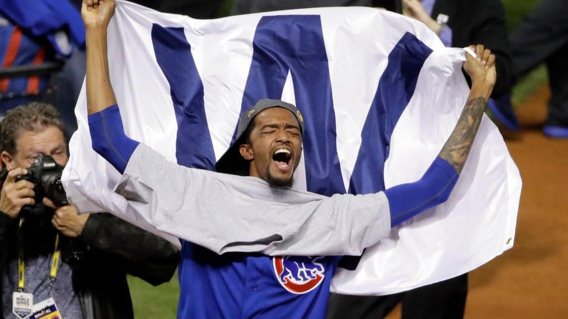 Chicago Cubs' Carl Edwards celebrates after Game 7 of the Major League Baseball World Series against the Cleveland Indians. The Cubs won 8-7 in 10 innings to win the series 4-3.