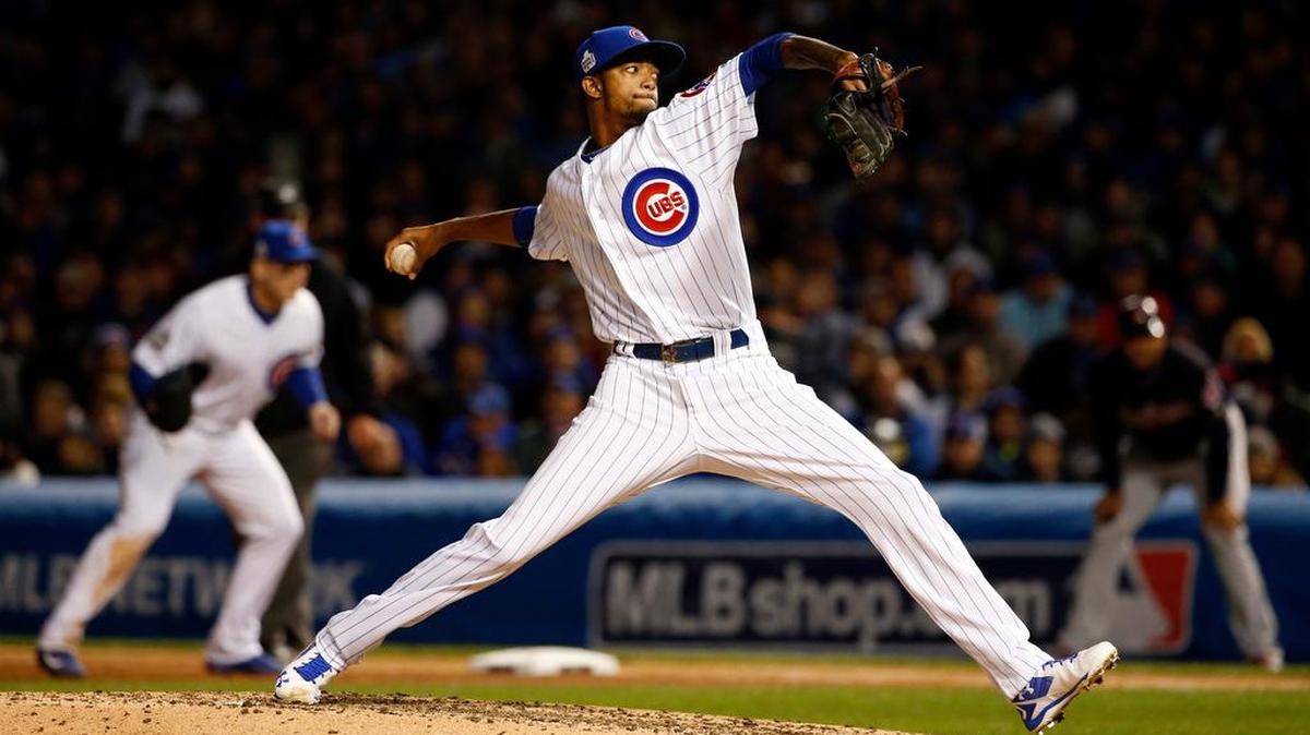 Chicago Cubs relief pitcher Carl Edwards throws during the seventh inning of Game 5 of the Major League Baseball World Series against the Cleveland Indians in Chicago.