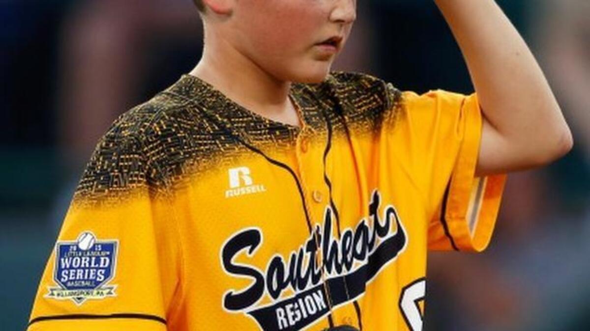 
Taylors’ Bradley Lewis collects himself on the mound after giving up a two-run double to Lewisberry, Pa.’s Ethan Phillips during the first inning of their Little League World Series game at South Williamsport, Pa., on Sunday.
