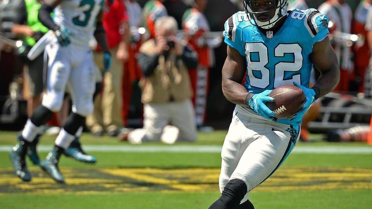 
Carolina Panthers wide receiver Jerricho Cotchery catches a seven yard touchdown pass from quarterback Cam Newton during second quarter action vs the Jacksonville Jaguars at EverBank Field in Jacksonville, FL on Sunday, September 13, 2015.
