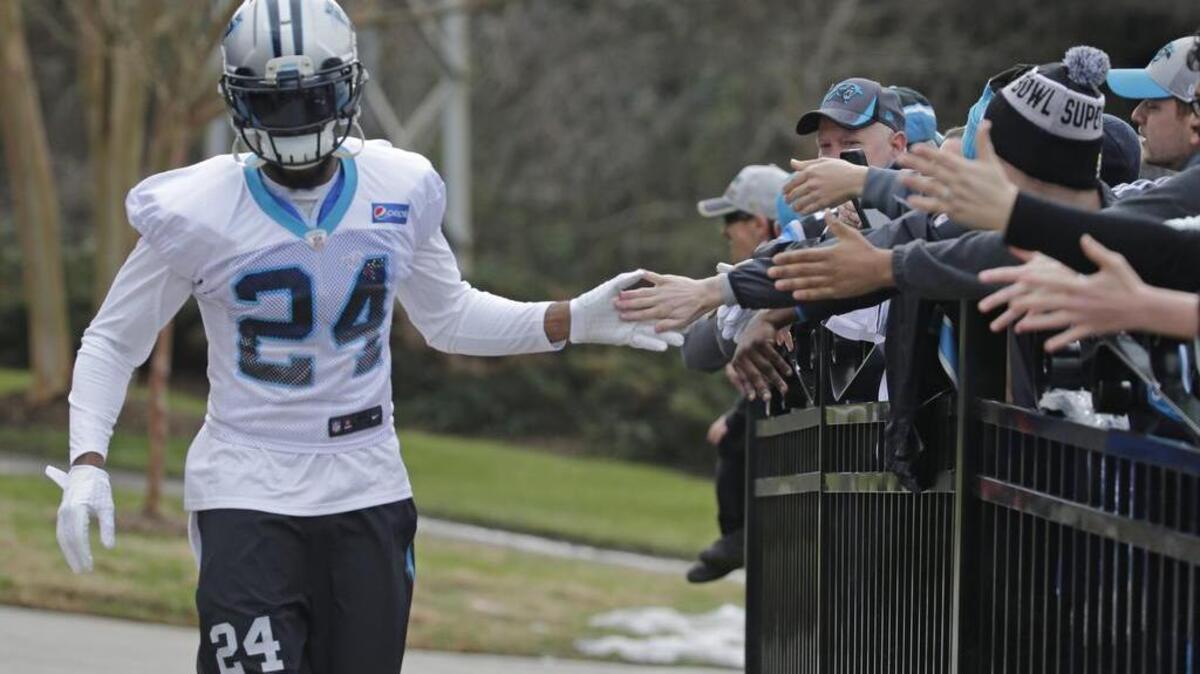 Carolina Panthers' Josh Norman arrives for practice on Wednesday. The former Chanticleer will join Mike Tolbert as the first Coastal Carolina alums to play in the Super Bowl.
