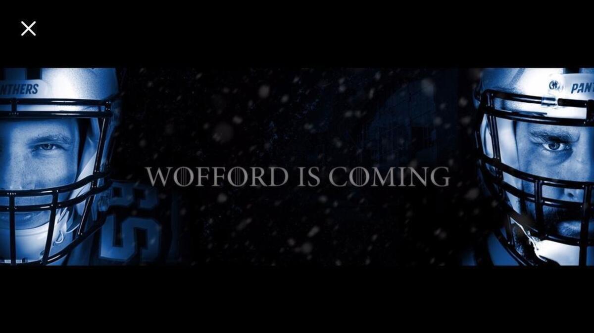 The Carolina Panthers are promoting their upcoming training camp with the Twitter hashtag #WoffordIsComing, playing off a “Game of Thrones” theme. This is their Twitter header.