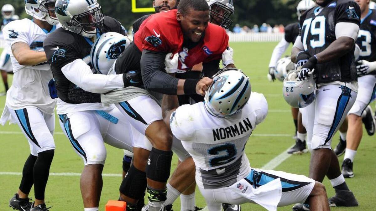 
Carolina Panthers' Cam Newton, middle, and Josh Norman, bottom, scuffle during an NFL football training camp at Wofford College, Monday, Aug. 10, 2015, in Spartanburg, S.C. (David T. Foster III/The Charlotte Observer via AP) MAGS OUT; TV OUT; MANDATORY CREDIT 
