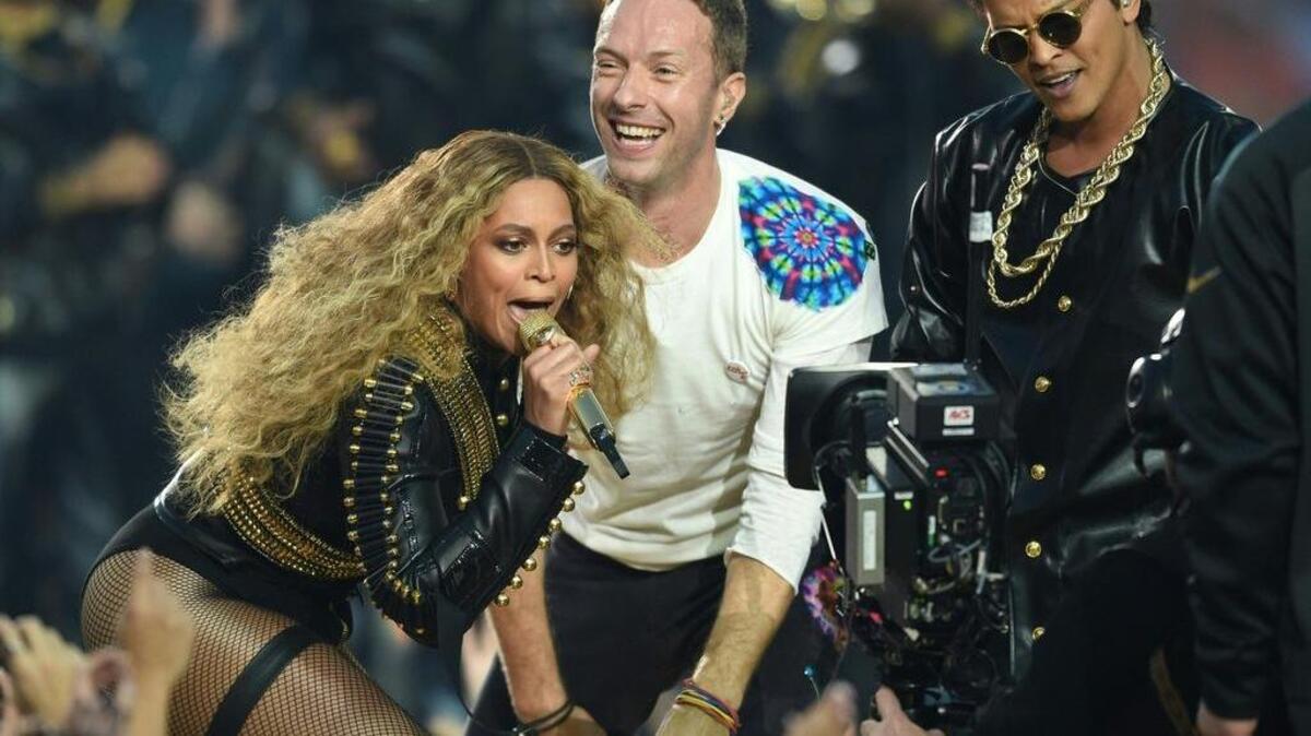Beyonce, Chris Martin and Bruno Mars perform during Super Bowl 50 between the Panthers and the Broncos in Santa Clara, Calif., on Sunday.