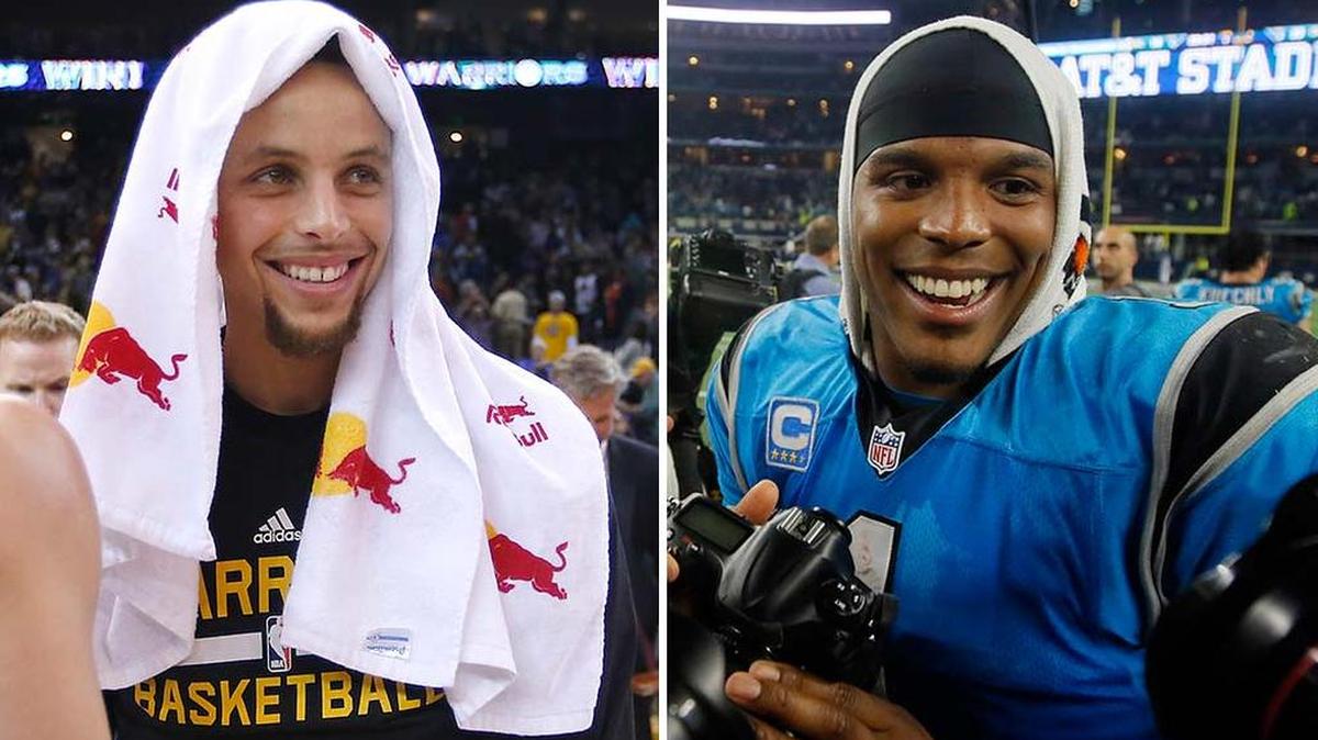 NBA star and huge Carolina Panthers fan Stephen Curry, left, believes both the Panthers, led by quarterback Cam Newton, right, and his Golden State Warriors could still be undefeated in February.