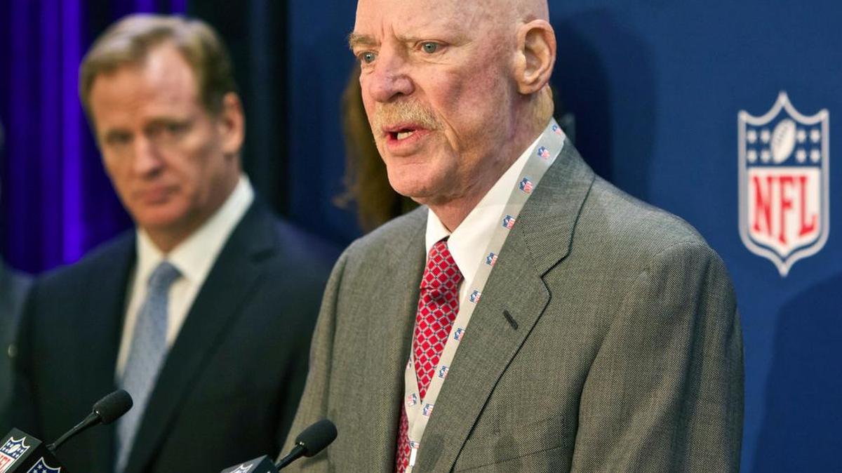 FILE -In this Dec. 10, 2014 file photo Houston Texans owner Bob McNair speaks at an NFL press conference during an owners meeting, in Irving, Texas. At left is NFL commissioner Roger Goodell. McNair has apologized after a report said he declared “we can't have the inmates running the prison” during a meeting of NFL owners over what to do about players who kneel in protest during the national anthem.