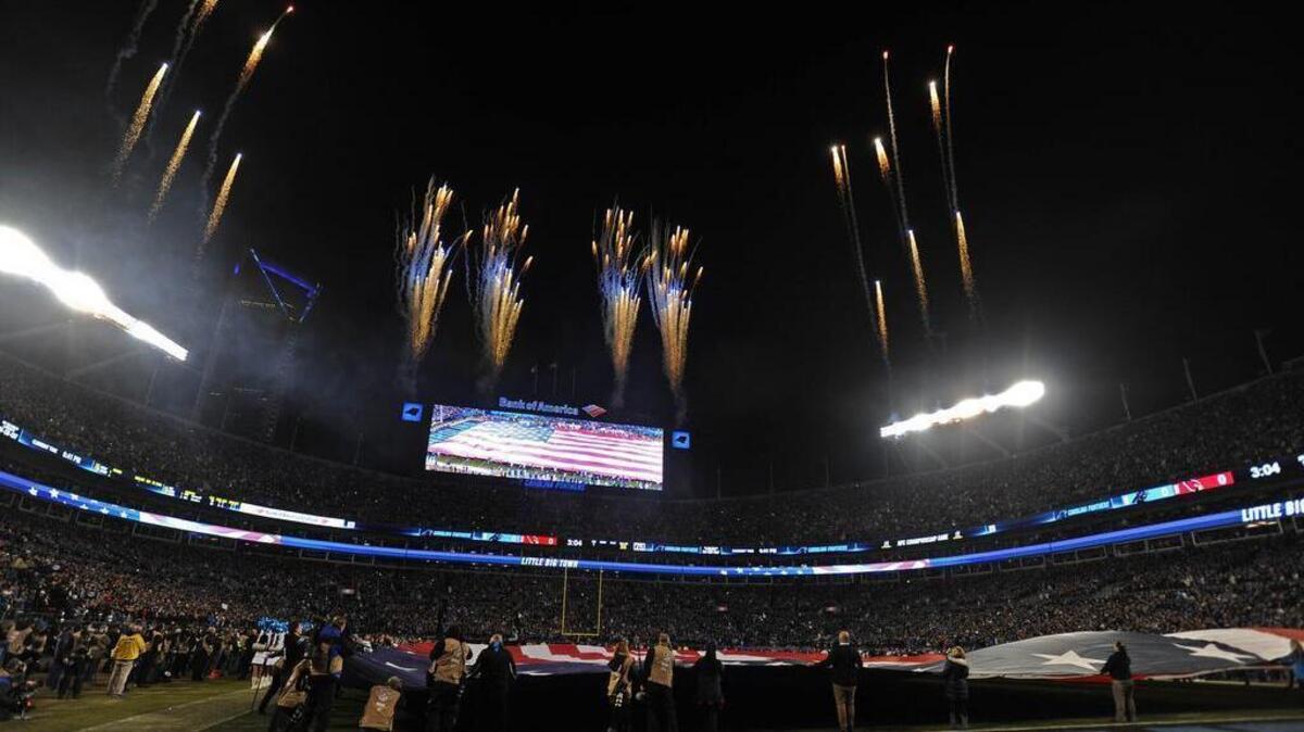 Fireworks explode over Bank of America Stadium during the National Anthem prior to the start of the NFC Championship game between the Arizona Cardinals and the Carolina Panthers on Sunday, January 24, 2016. Carolina won, 49-15, advancing to Super Bowl 50 against the Denver Broncos.