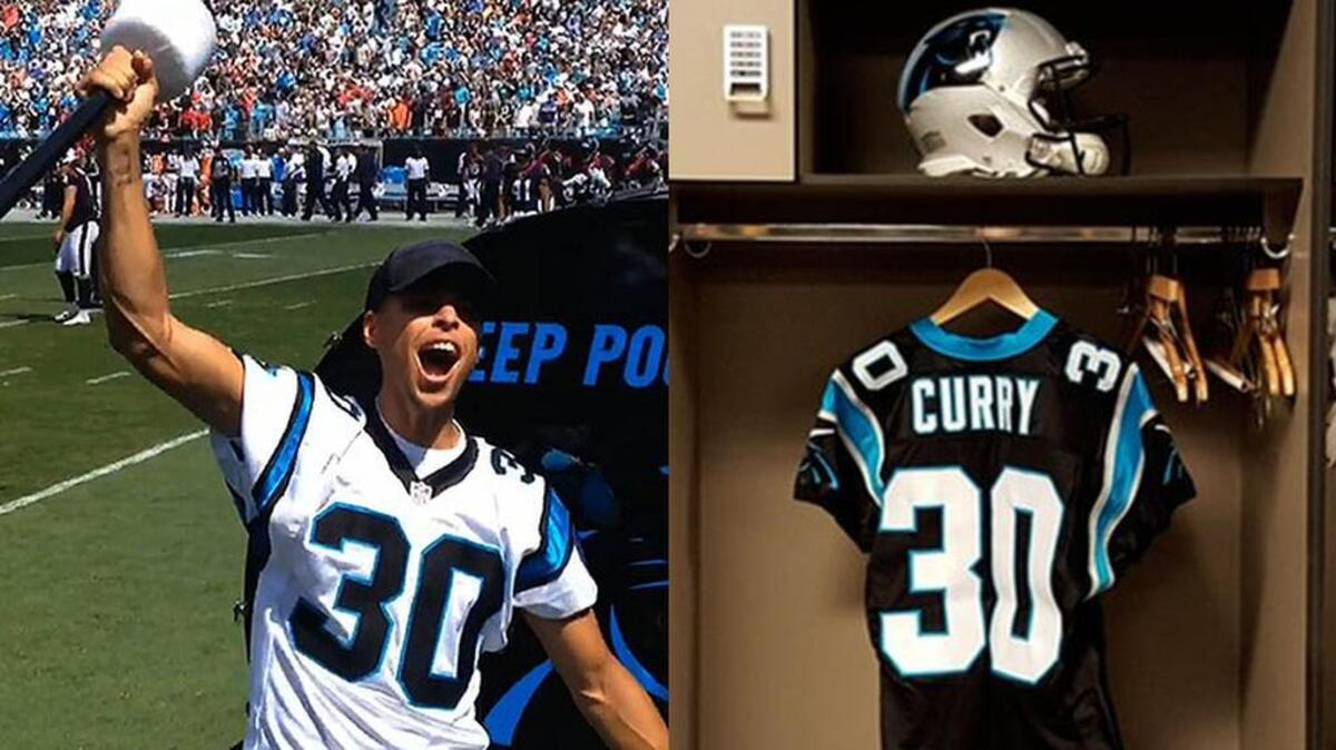 NBA Champion and MVP Stephen Curry rallies Carolina Panthers fans after hitting the Keep Pounding drum prior to the game against the Houston Texans at Bank of America Stadium on Sunday, September 20, 2015. The Panthers won, 24-17.