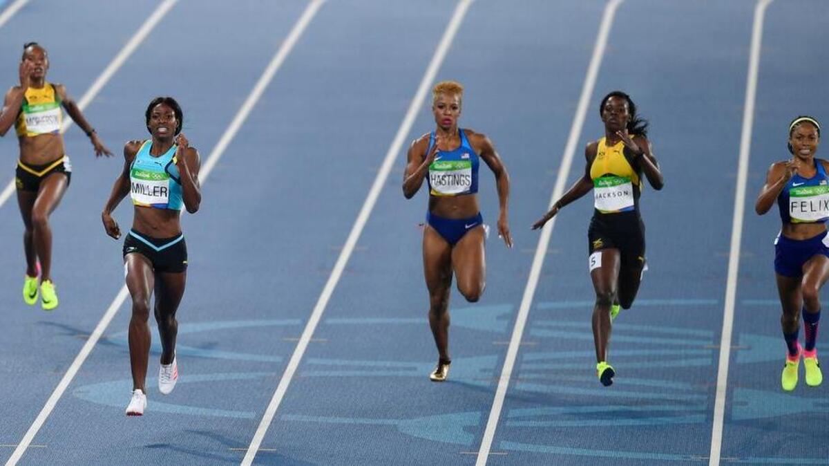 Bahamas' Shaunae Miller second left, United States' Natasha Hastings, center, Jamaica's Shericka Jackson, second right, and United States' Allyson Felix compete in the women's 400-meter final during the athletics competitions of the 2016 Summer Olympics at the Olympic stadium in Rio de Janeiro, Brazil, Monday, Aug. 15, 2016.