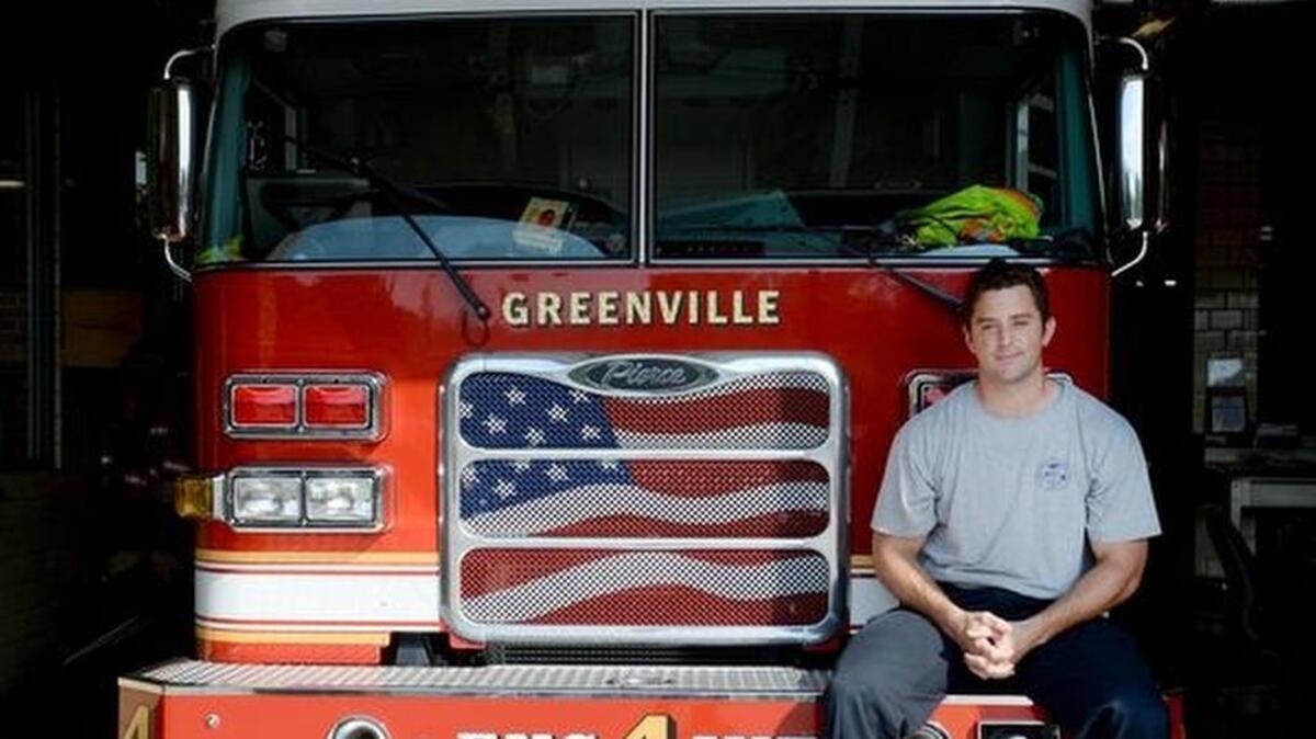 Casey Wickline, a Greenville City firefighter, works his last shift Thursday before leaving for summer training with the national bobsled team.