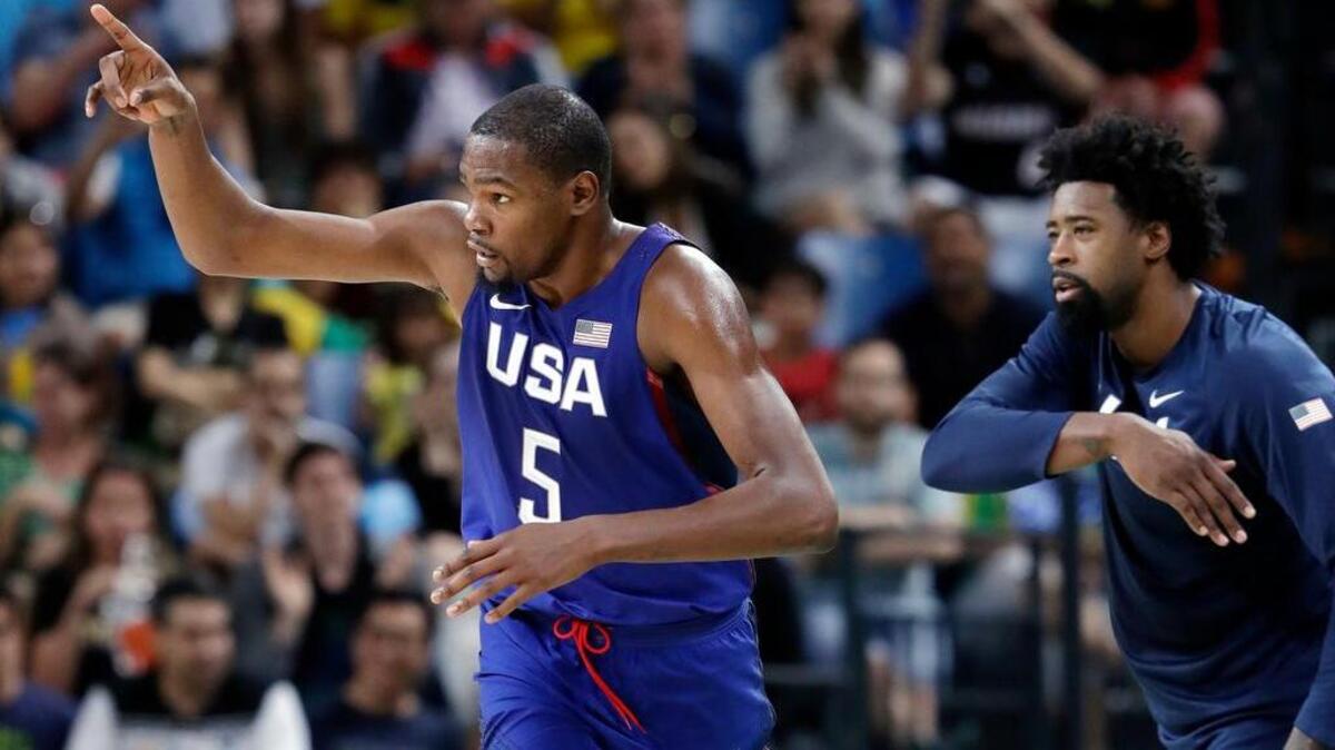 The United States’ Kevin Durant (5) celebrates a basket against China during a men’s basketball game at the Summer Olympics on Saturday.