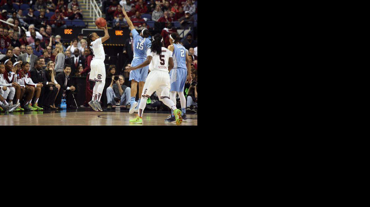 
South Carolina's Olivia Gaines connects for the game-tying 3-pointer late in the game against North Carolina in the Sweet 16 matchup Saturday at the Greensboro Coliseum in Greensboro, N.C.
